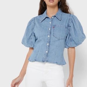 Levis Shirt Women S Blue Denim Short Puff Sleeve Roxy Button Up NWT Sold Out $55